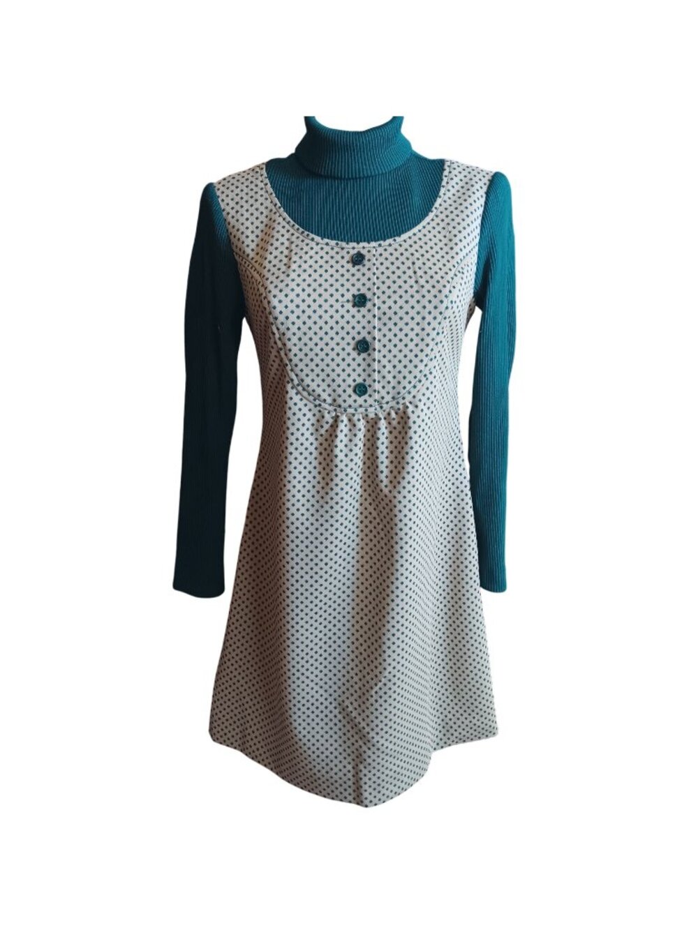 True Vintage Dress Small 1970's Polka Dot Green Ribbed Turtleneck GOGO Mod Knit